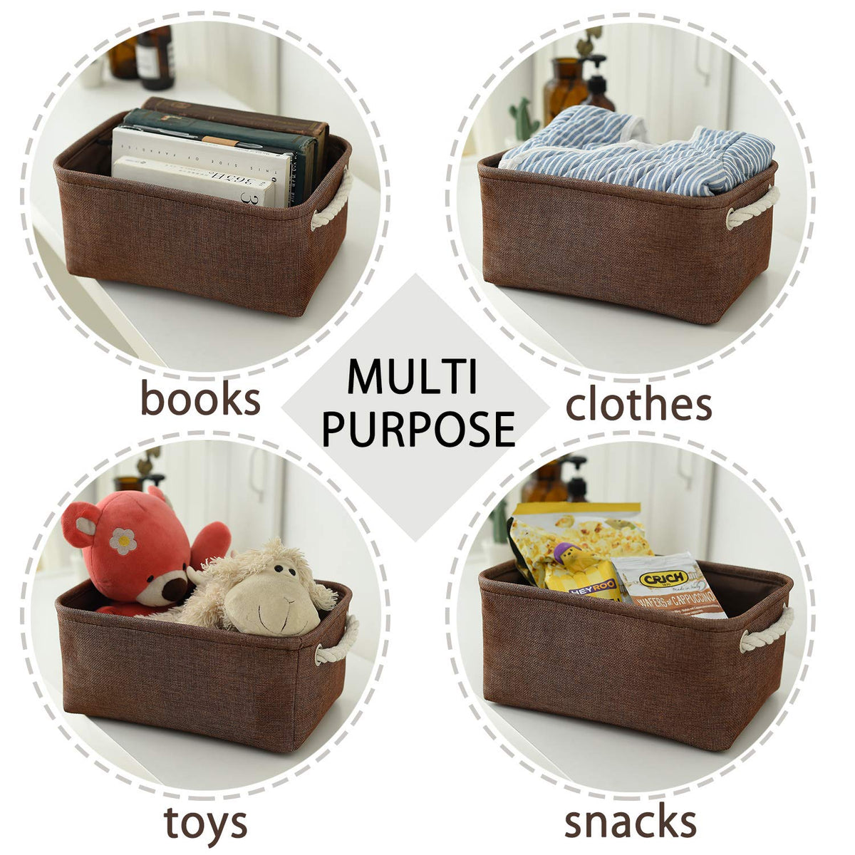 TheWarmHome Small Fabric Canvas Storage Bin with Cotton Rope Handles - Foldable Empty Basket for Gift (Brown-1 Pack,11.8L7.9W5.2H inch)