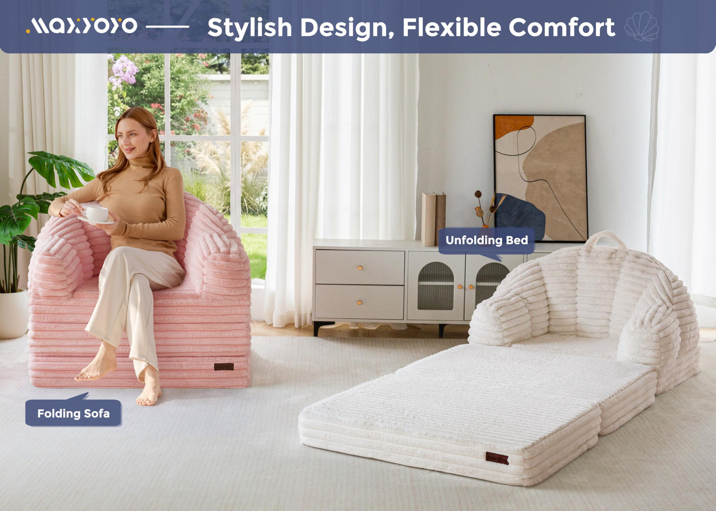 MAXYOYO Folding Sofa Bed, 2 in 1 Convertible Sofa to Lounger Comfy Faux Fur Bean Bag Chair for Adults, Floor Single Couch Chair with Handle, Couch Bed for Living Room Bedroom, Pink