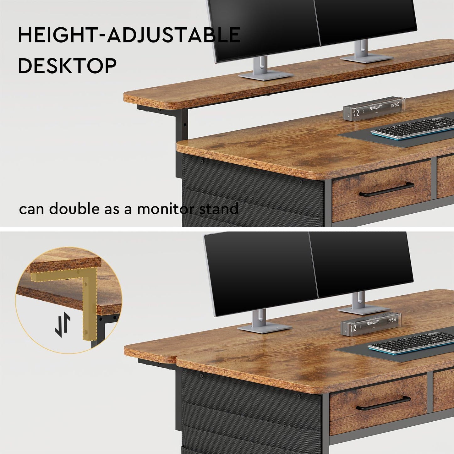 Maihail Computer Desk with Drawers, 47.2X15.8-22.9 Inches Office Computer Desk with Side Pocket & Ergonomic Monitor Stand, Writing Table for Small Spaces, Bedroom, Rustic Brown