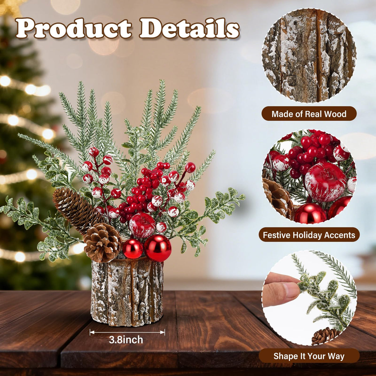 Shaxcoq Christmas Centerpieces for Tables – Tabletop Christmas Decorations with Pine, Cones & Berries – Indoor Holiday Decors for Home, Office, Kitchen or Fireplace Mantel
