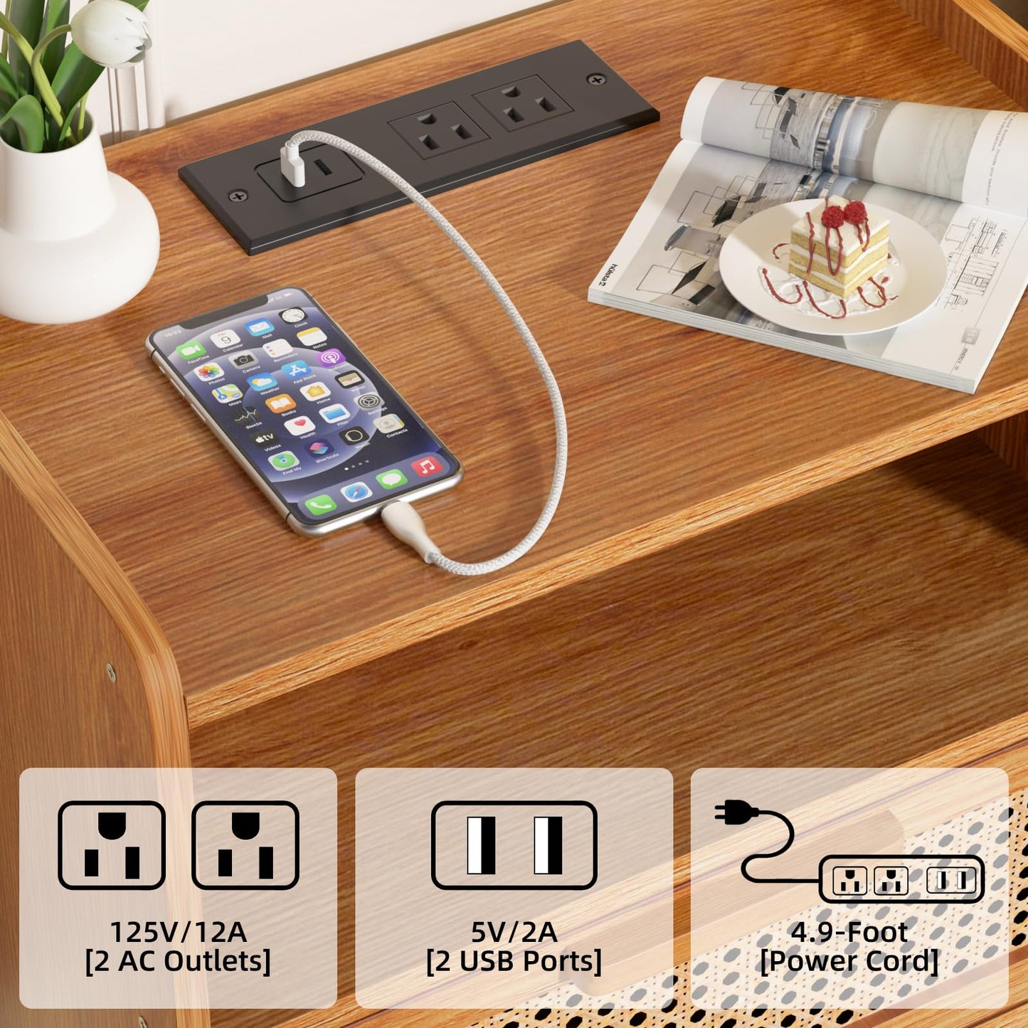 Lerliuo Rattan Nightstand with Charging Station, Side Table with Drawer, Cane Accent Bedside End Table with Solid Wood Legs, Night Stand for Bedroom, Dorm and Small Spaces (Tea Brown)