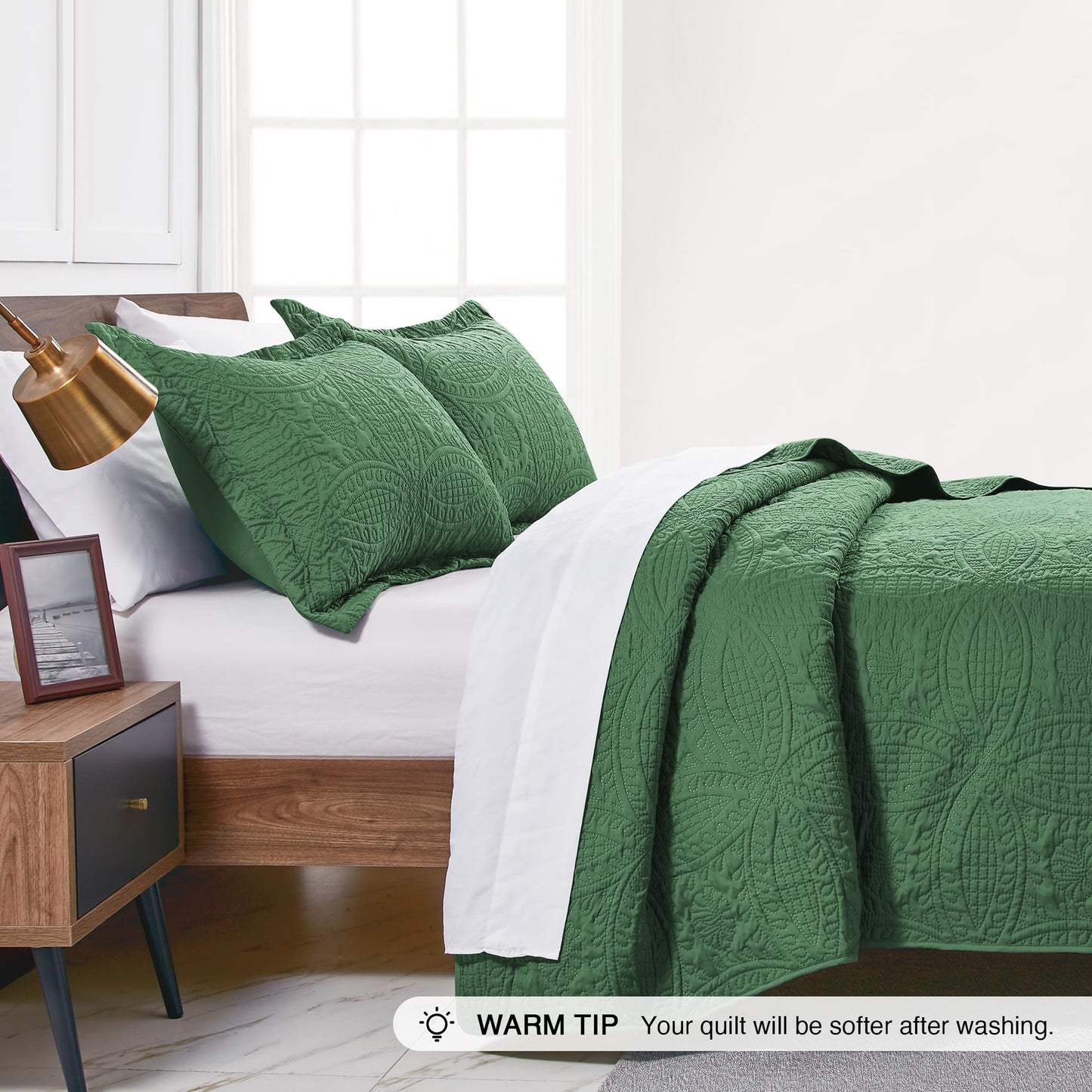 Love's cabin Quilts for Queen Bed Dark Green Bedspreads - Soft Bed Summer Lightweight Bedspread Comforter - Modern Style Coin Pattern Coverlet for All Season - 3 Pieces (1 Quilt, 2 Pillow Shams)