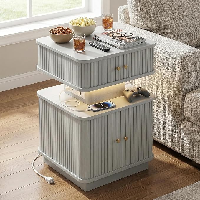 Nightstand with Charging Station, Modern Night Stand with Smart Led Light and 2