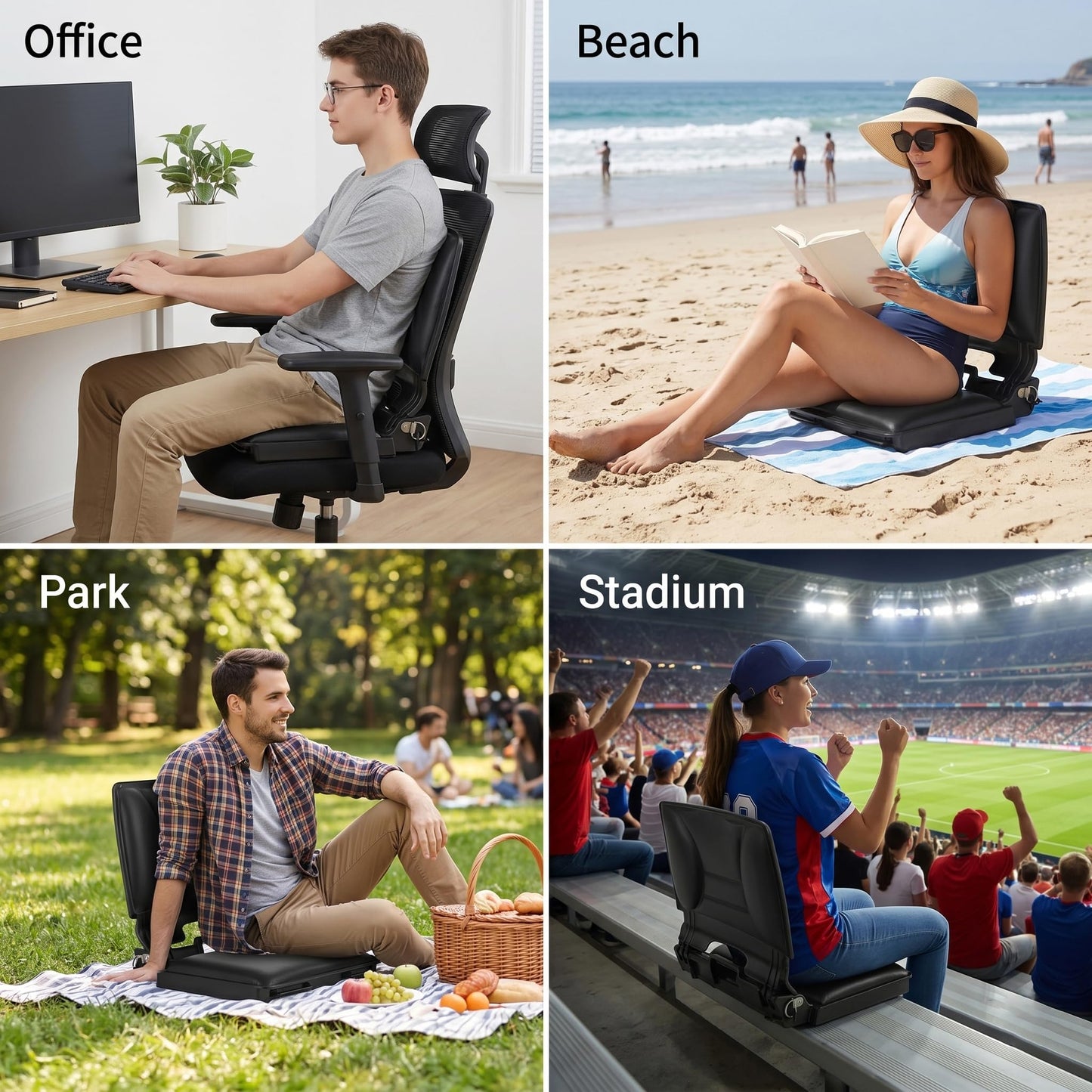 Enkarsen Stadium Seats for Bleachers with Back Support, 2-in-1 Ergonomic Office Desk Chair Cushion & Padded Bleacher Seat, Auto-Adjusting Lumbar Support Flex Back, Lightweight Sports Bench Chair