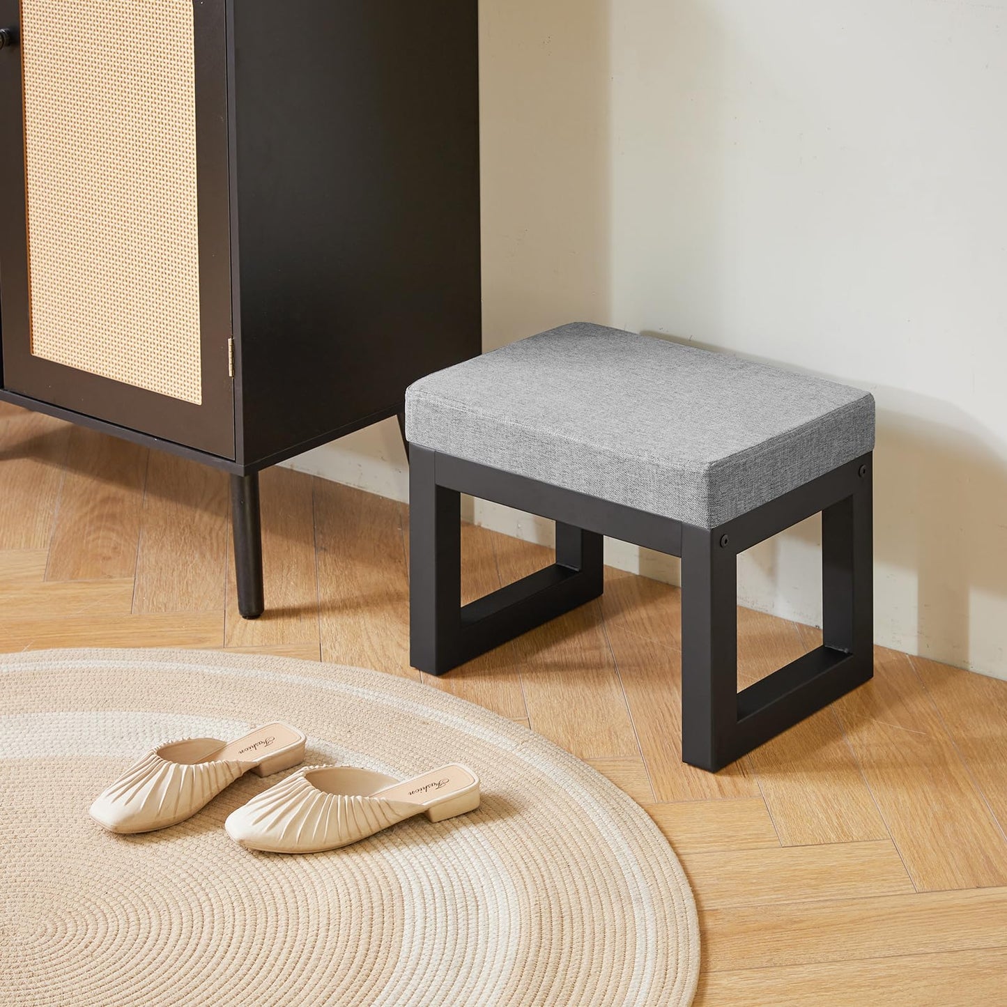 IBUYKE 16 Inch Small Foot Stool Ottoman, Rectangle Linen Foot Rest with Padded Seat and Metal Legs, Modern Ottoman Foot Rest for Living Room Bedroom Entryway Couch, Grey-Blue WBD001L