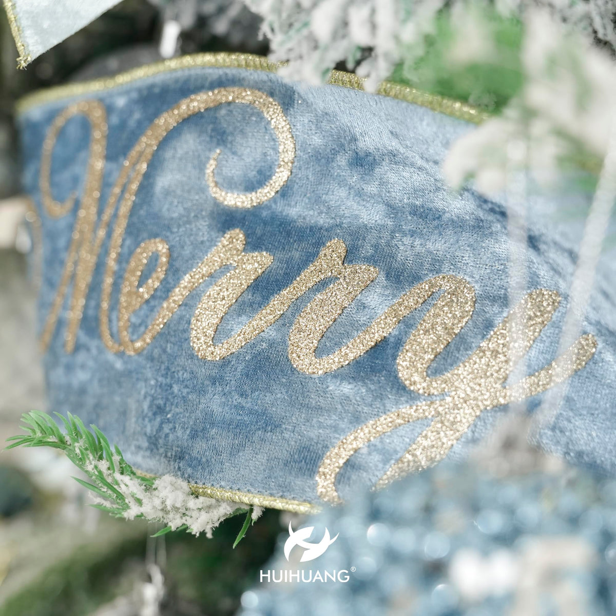 HUIHUANG Merry Christmas Ribbon 4 inch Dusty Blue Velvet Wired Ribbon with Glitter Gold Merry Christmas Ribbon for Christmas Trees, Tree Top Bows, Garlands, Staircases, Wreaths-10 Yards