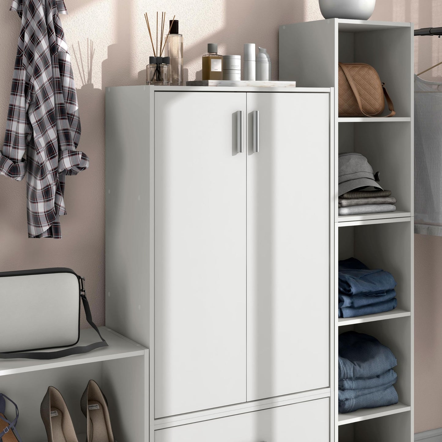 Homes: Inside + Out Apexa 3-Tier Stackable Wood Bookcase with Doors, Cube Storage Organizer Shelves, Small Food Pantry Cabinet, Dorm Teen Room Decor & Bedroom, Home Office, Kitchen, White
