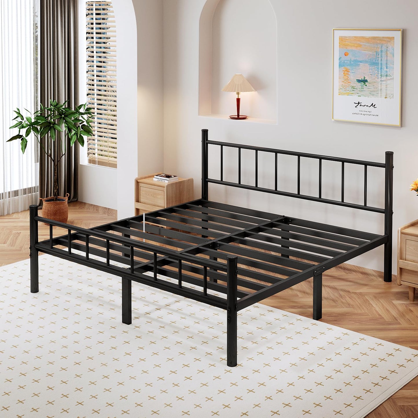 zizin Full Size Metal Bed Frame with Headboard & Footboard 14 Inch Metal Platform Mattress Foundation Support with Steel Slat, Under Bed Storage, No Box Spring Needed