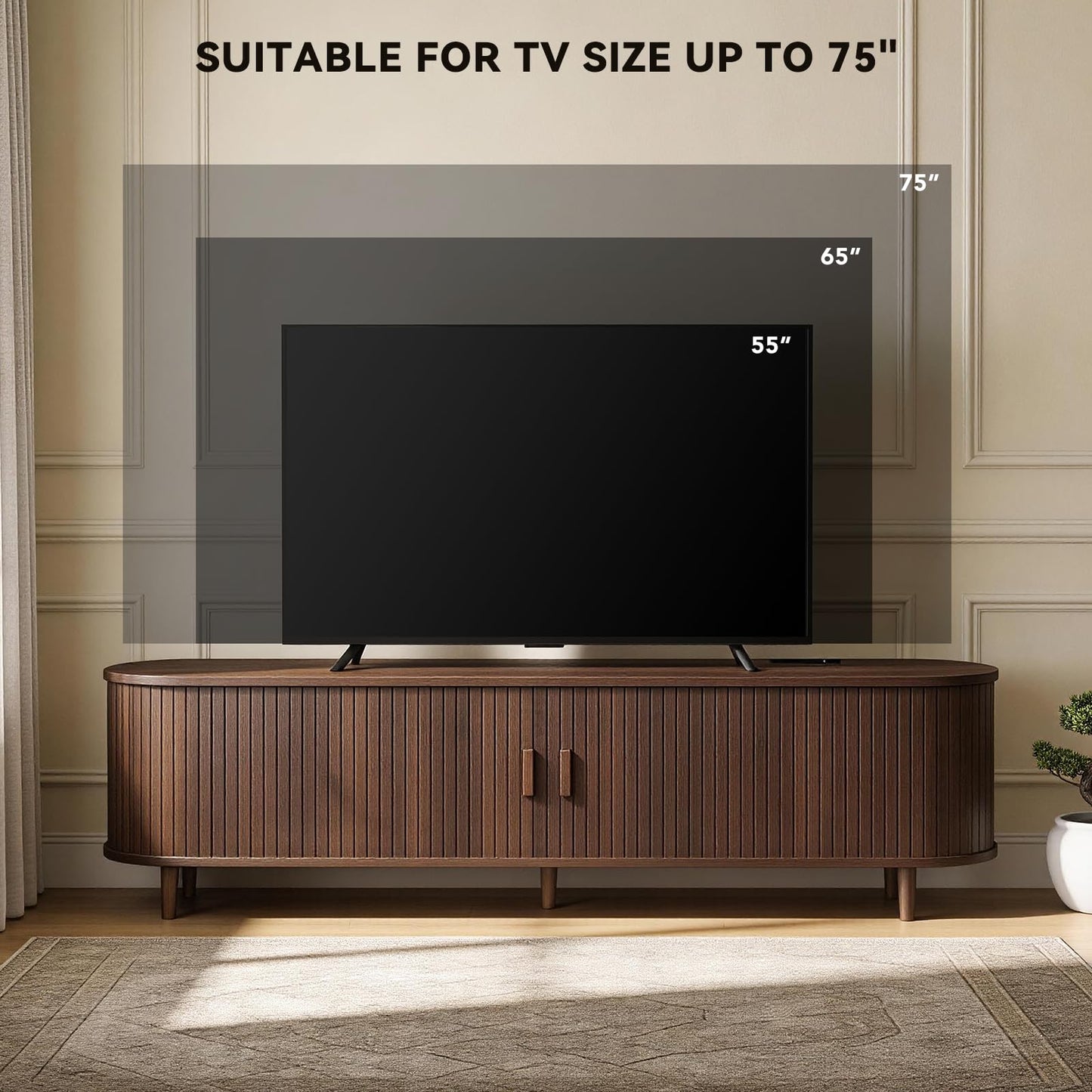 OneBlis 65" Mid Century Modern TV Stand with Power Outlet, Fluted Entertainment Center with Storage and Adjustable Shelves, Wood TV Console with Sliding Doors for Living Room, Walnut