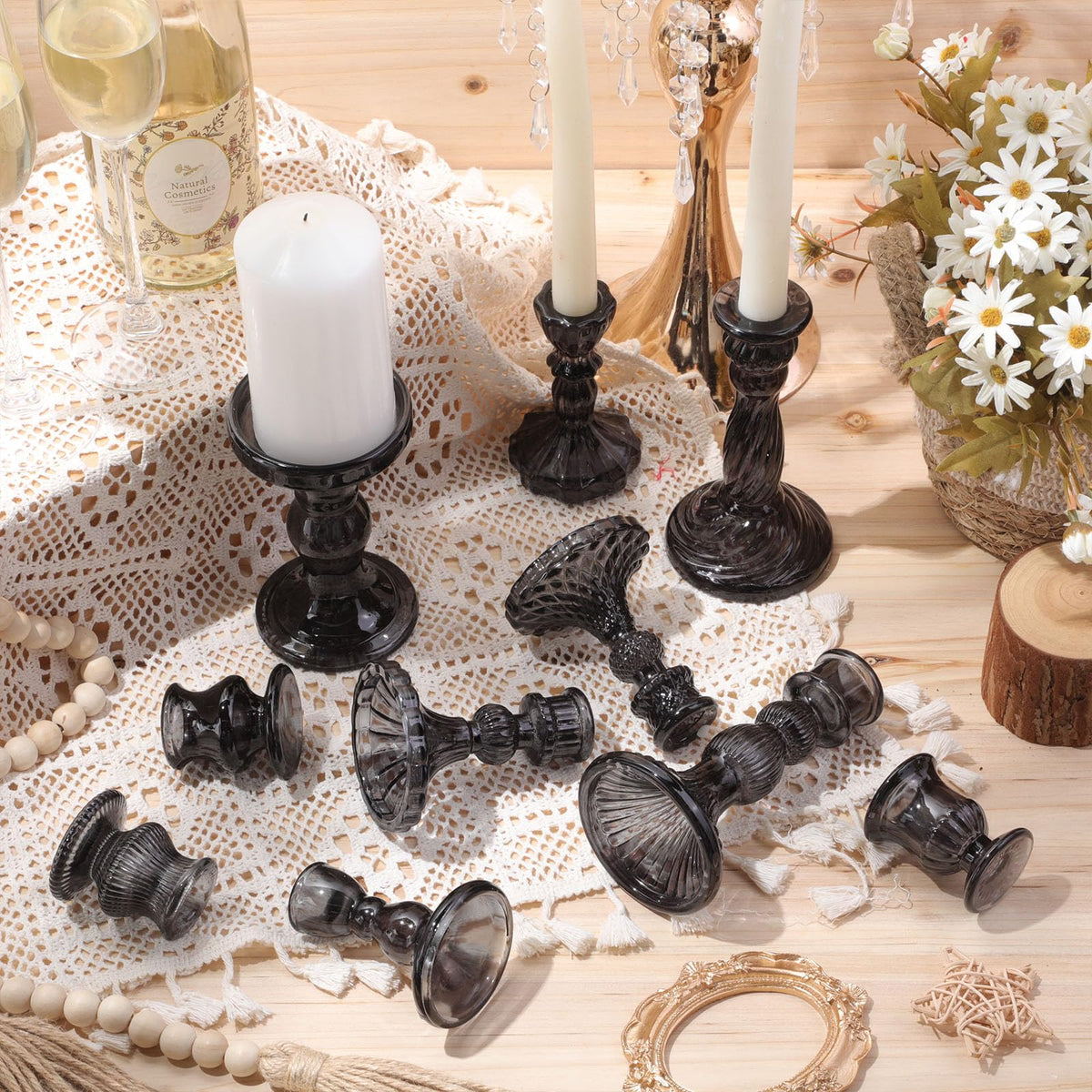 Mumufy 30 Pcs Glass Crystal Taper Candle Holders Clear Glass Candlestick Holder Fit 0.8 Inch Candles Crystal Decorative Candle Stand Centerpiece Table Wedding Dining Party (Black)