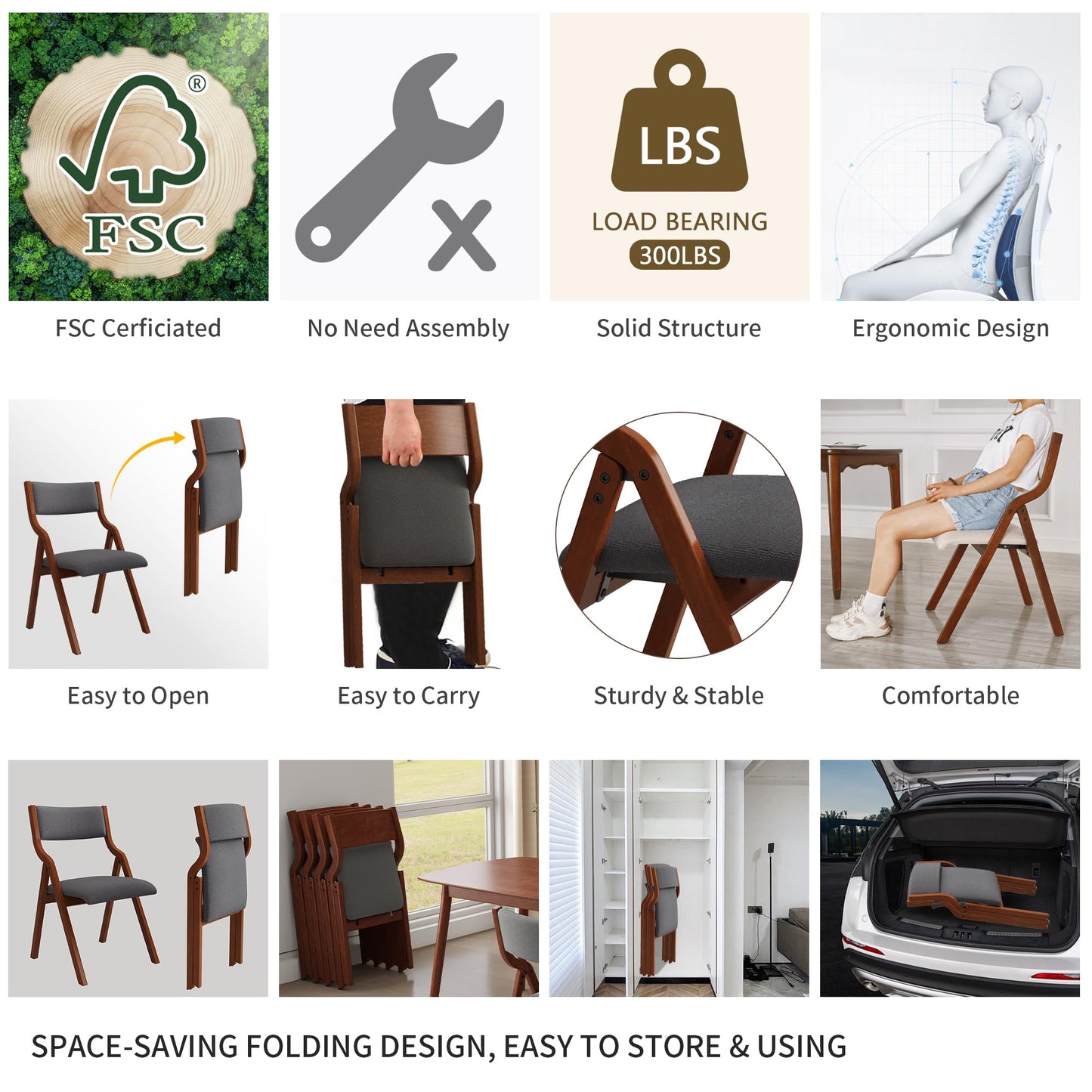 YOPTO Folding Wooden Chairs Set of 2 with Padded Seat,Portable Dining Chairs W/Ergonomically Designed Back and Cushion,for Dining Room,Restaurant,Kitchen,Office