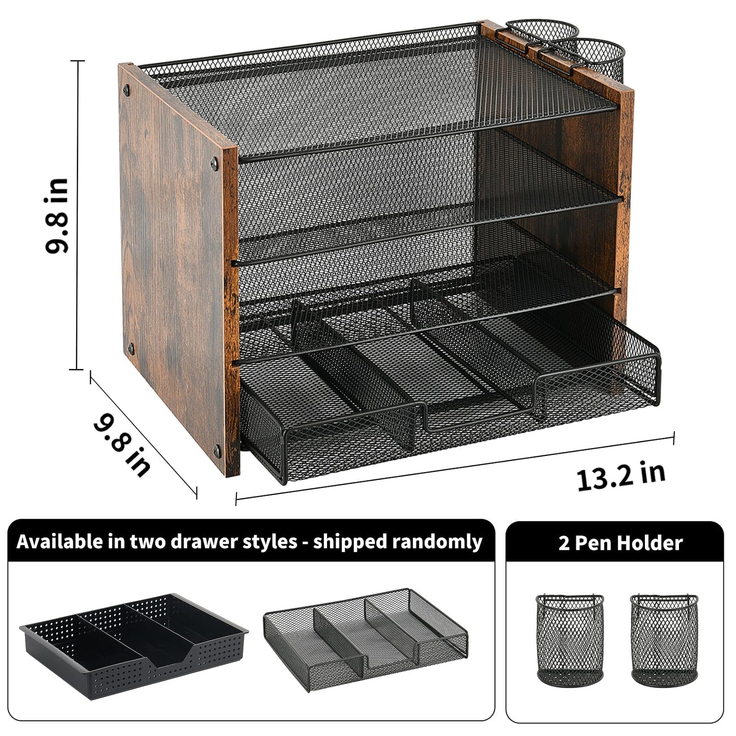 OPNCIE Desk Organizer and Accessories, 4-Tier Paper Letter Tray File Organizer with Drawer & 2 Pen Holder, Office Desk Accessories Workspace Desktop Organizer for Office Supplies(Brown)