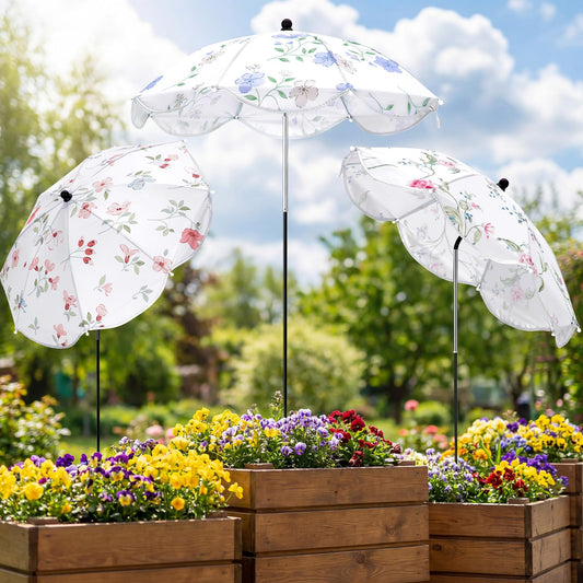 Shinylin 3 Pack Plant Umbrella for Outdoor Adjustable Sun Shade Covers 24" Sun Protection Cloth UV Umbrella for Potted Plants, Garden Beds, Patio Flowers (Curved Edge,Flower 1)