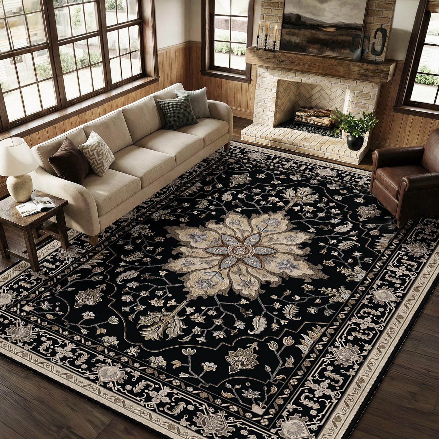 RELEANY Area Rugs 8'x10' Washable Non-Slip, Floral Vintage Distress Medallion Carpet for Living Room Bedroom Dining Room, Black Brown Neutral Dark Tan