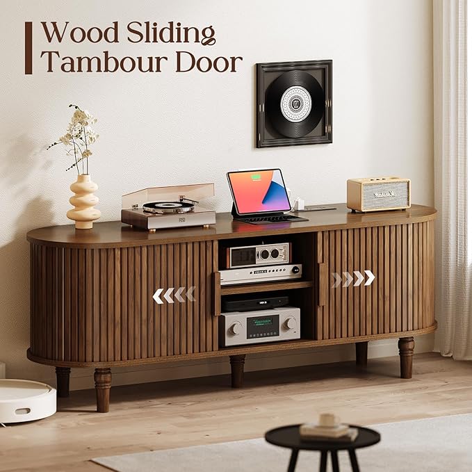 TV Console with Power Outlet-55 Entertainment Center with Sliding Tambour Door