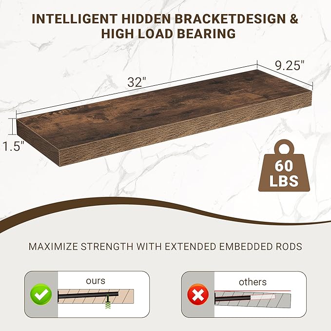 Acovy 32 Inch Floating Shelves, 3D Textured Wood Grain, Wooden Shelves