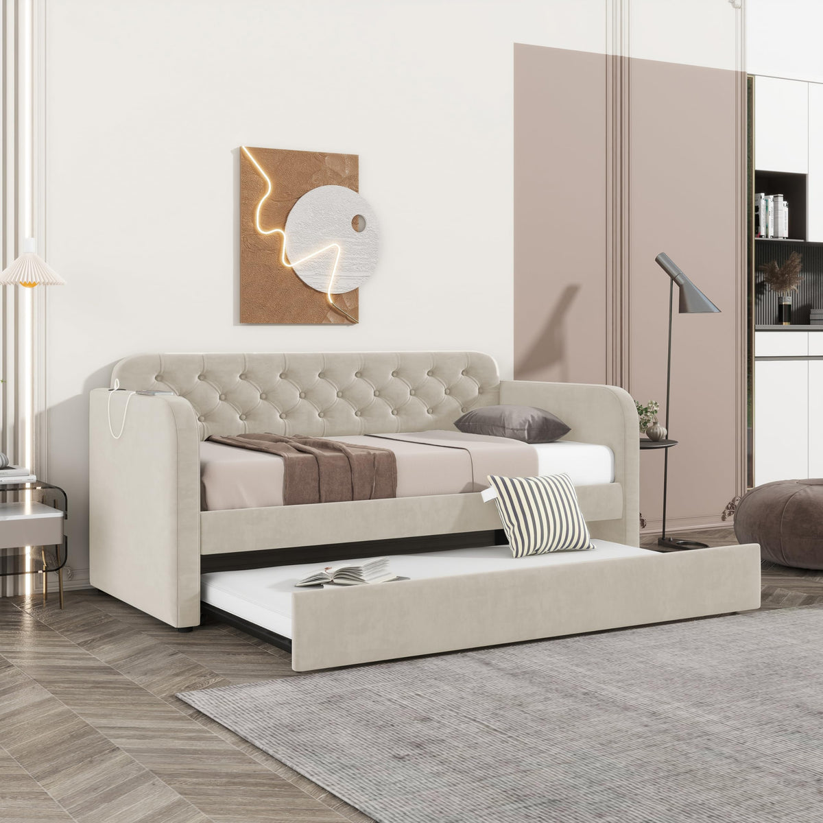 KEIKI Twin Upholstered Daybed with Trundle & USB Charging, Plush Velvet Button-Tufted Headboard Twin Bed Frame with Wood Slats, Sofa Bed for Living Room or Bedroom, Light Beige