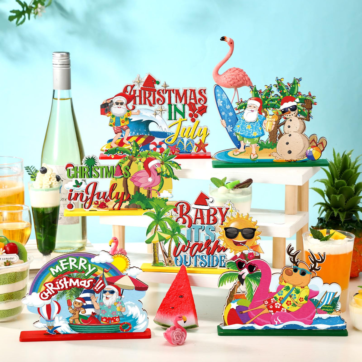 6 Pcs Summer Christmas in July Wooden Table Decoration July Summer Table Centerpiece Sets Decor Christmas Party Supplies Santa Flamingo Palm Tree Beach Party Table Decorations Holiday Xmas Supplies
