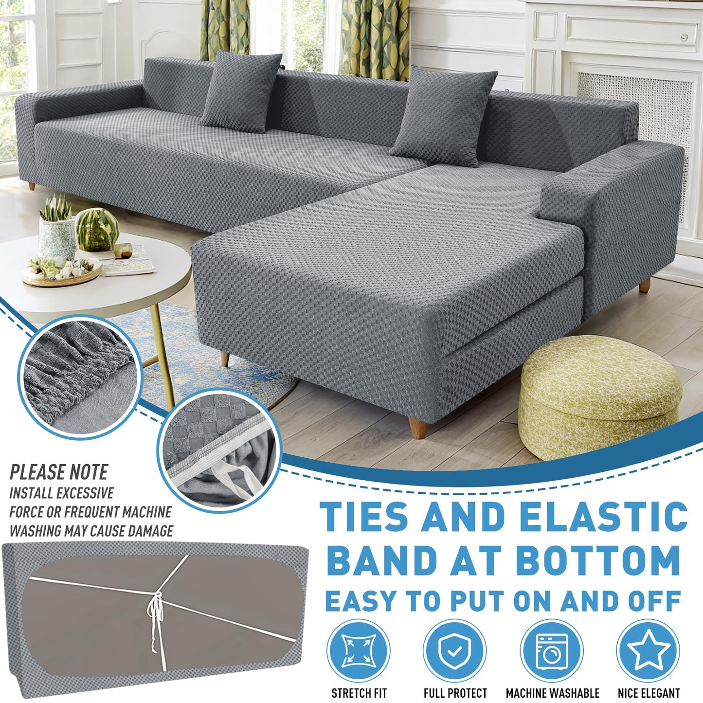 ZNSAYOTX Sectional Couch Covers, Stretch Jacquard Slipcovers with Elastic Bottom for L-Shape Sectional Sofa, 2 Pcs Pet Friendly Modular Sofa Protector (3 Seat Couch + 3 Seat Chaise, Light Grey)