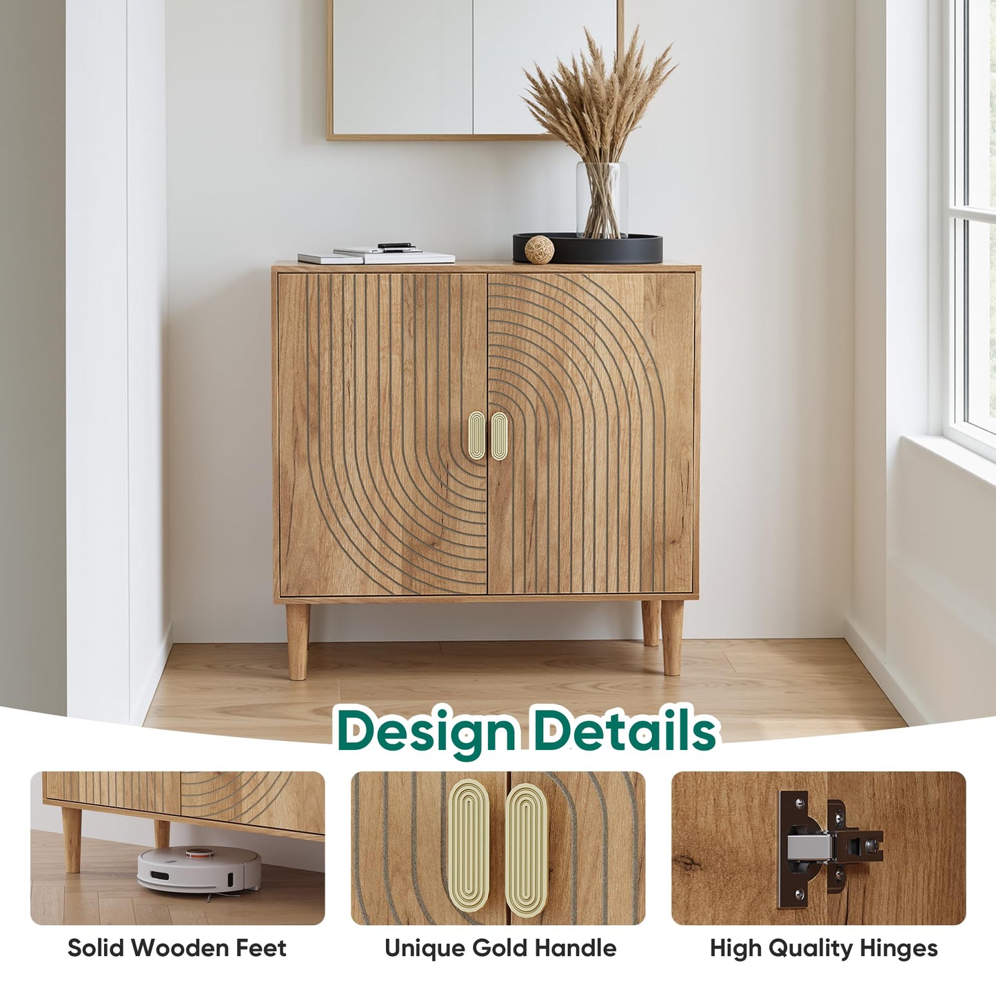 Smuxee Oak Sideboard Cabinet, Freestanding Buffet Cabinet with Line Groove Design, Wood Storage Cabinet with Adjustable Shelf for Living Room, Entryway, Hallway