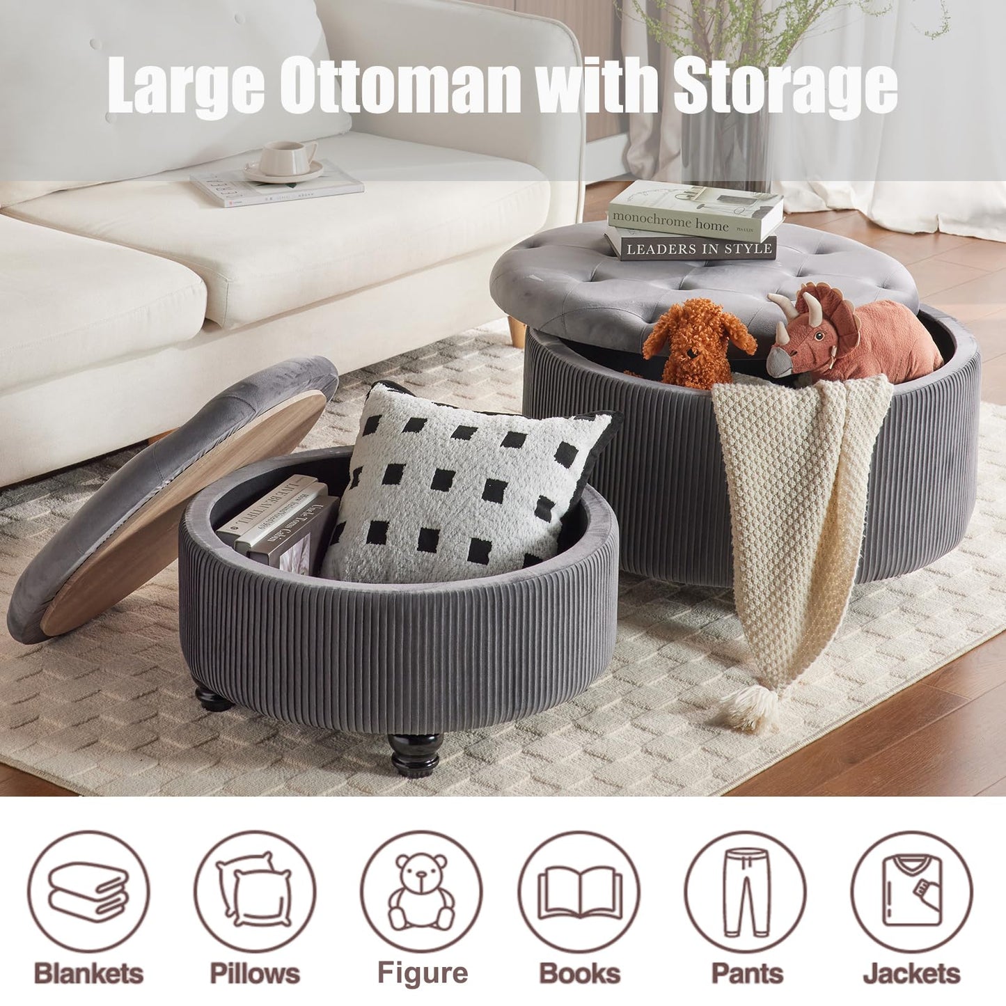 2BYF 29&24.5inch Large Round Storage Ottoman Coffee Table Set of 2 Modern Button Storage Coffee Table with Removable Lid for Living Room Upholstered Footrest Stool for Bedroom (Large-Grey)
