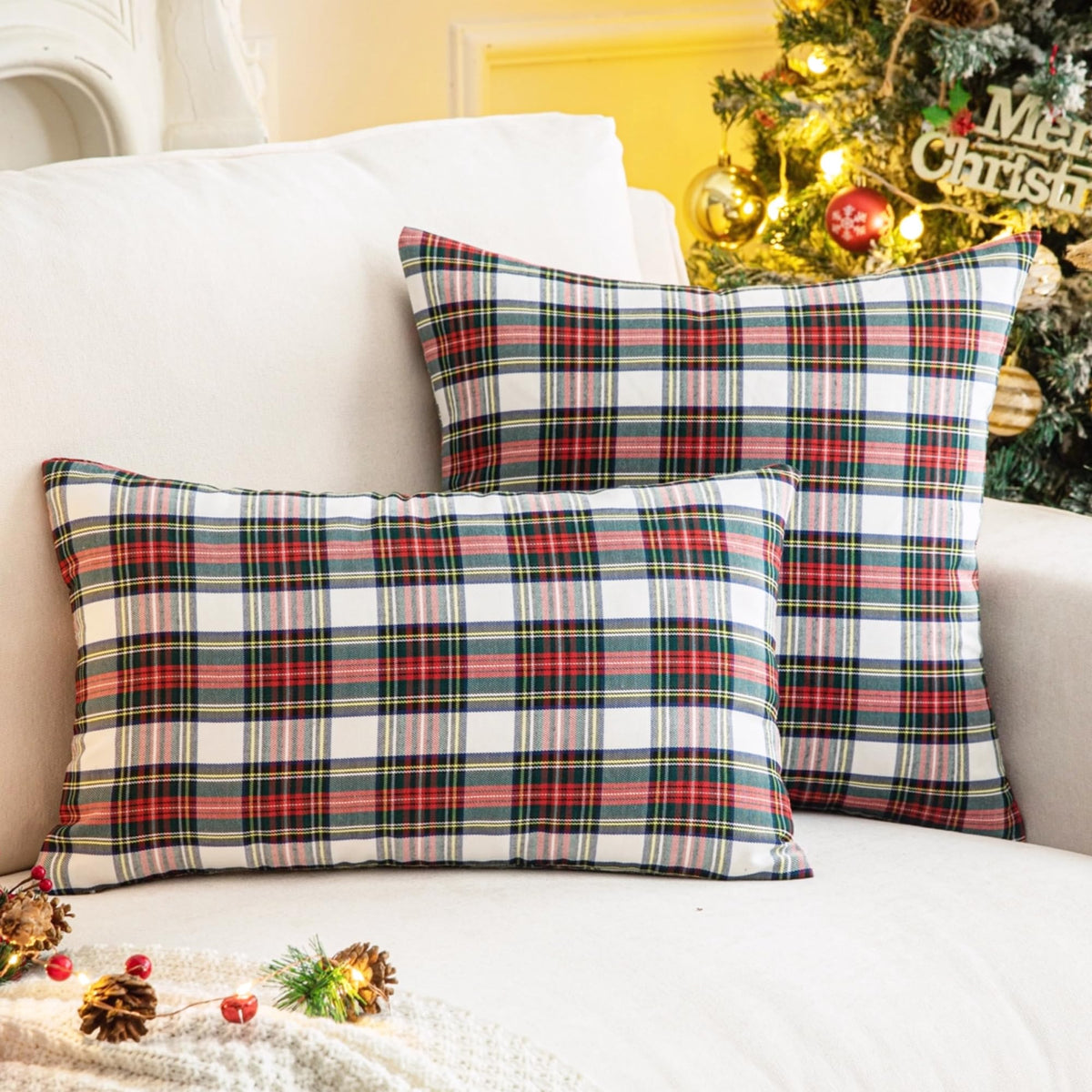 AQOTHES Pack of 2 Christmas Plaid Decorative Throw Pillow Covers Scottish Tartan Cushion Case for Farmhouse Home Holiday Decor Red and White, 24 x 24 Inches