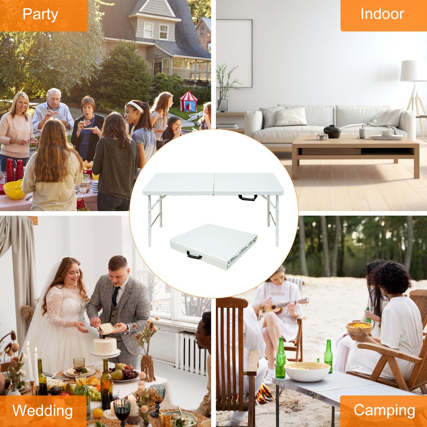 SculPong 4 FT Folding Table with Carry Handle, Portable Fold-in-Half Plastic Table, Rectangle Foldable Table for Indoor/Outdoor White