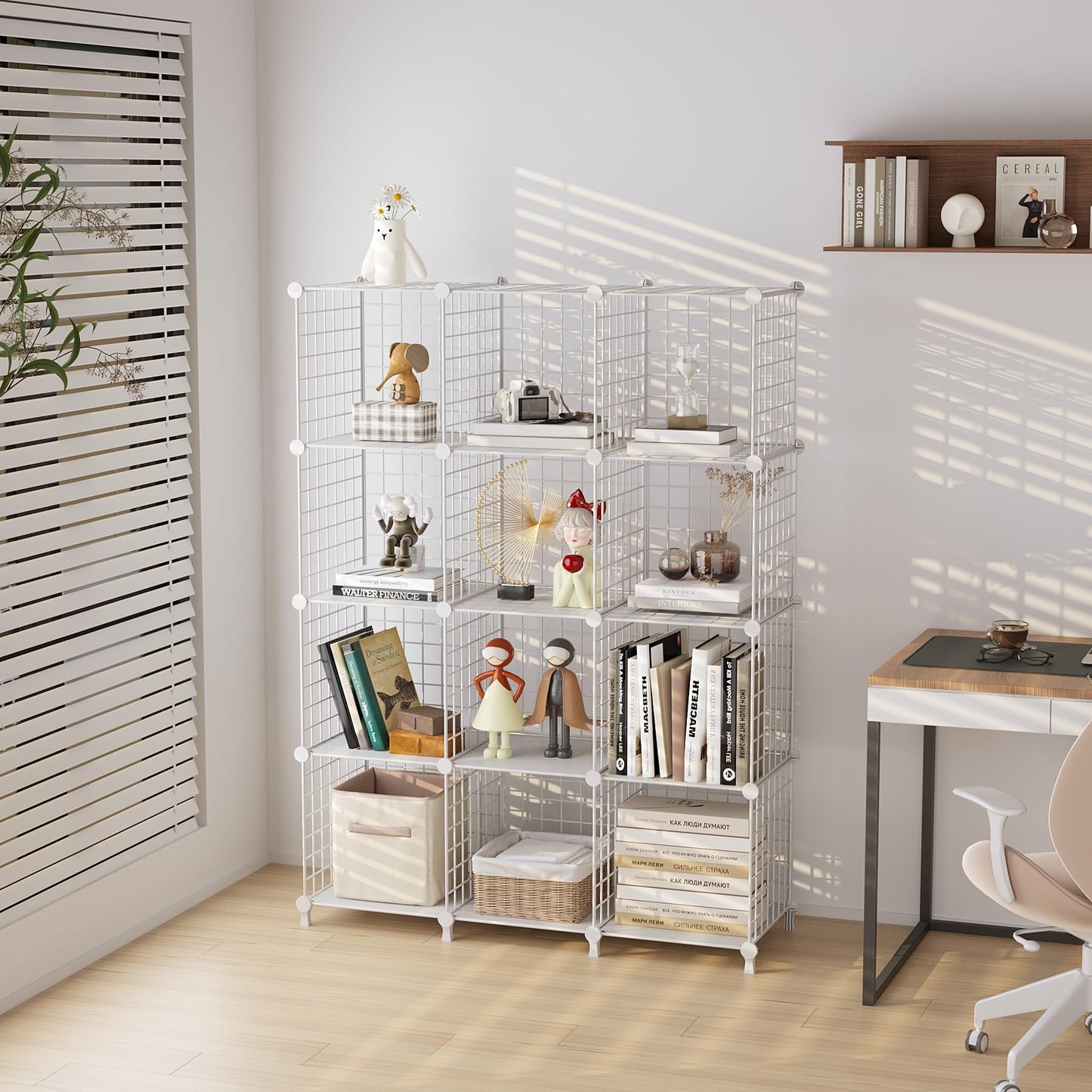 ATTDETJL 12-Cube Storage Organizer, Metal Wire Cube Shelving Unit, 11.8" L x 11.8" W x 11.8" H, Modular Grid Bookshelf for Closet, Bedroom, Office, White ATTJL12W