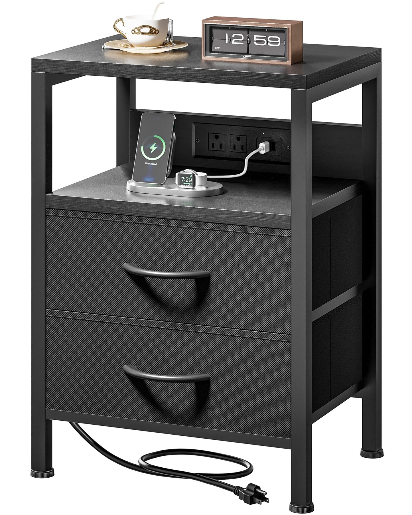 Lazzanto Nightstand Bedside Charger Table for Bedroom - Night Stand with Charging Station, Modern Nightstand with Open Shelf & 2 Fabric Drawers, Bed Side Table with USB-C Port for Dorm, Black