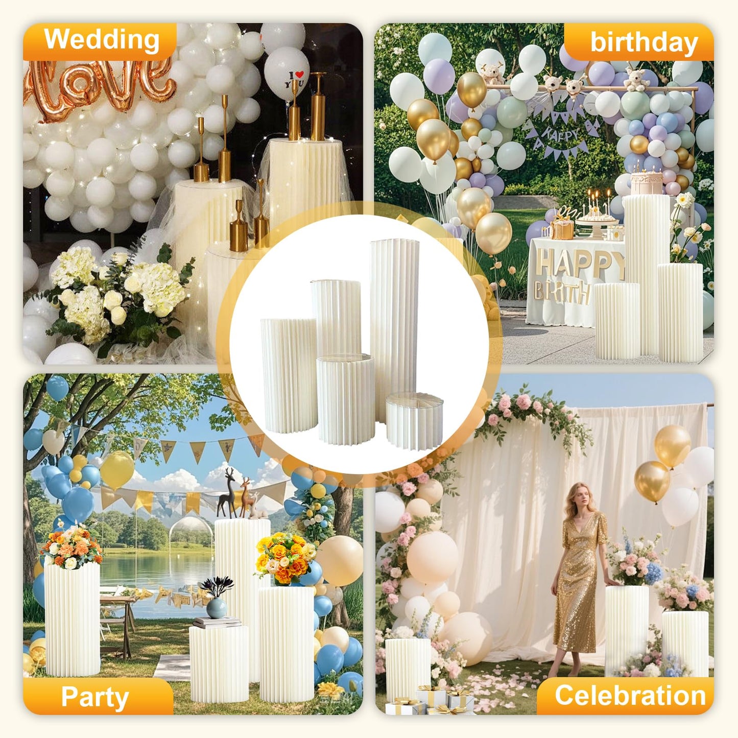 GUYARO Cylinder Stands for Party 5Pcs Round Pedestal Stand Foldable Cardboard Columns Cylinder Tables for Parties Baby Shower Birthday Wedding Pillars Display Decoration (White,5PCS)