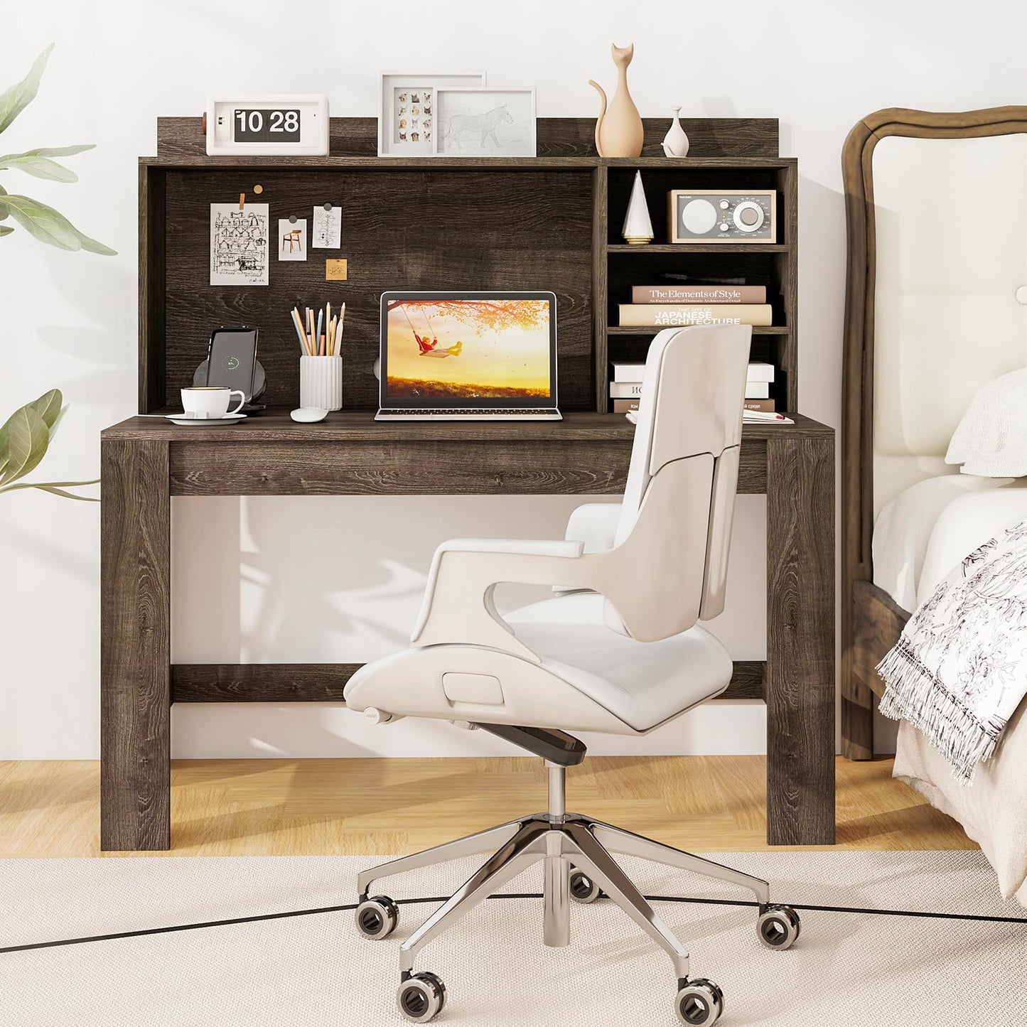 Tangkula Computer Desk with Hutch & Charging Station, Home Office Writing Study Desk with Storage Shelves, Cable Management Hole, Laptop Desk, Desk for Bedroom, Computer Workstation (Gray Oak)