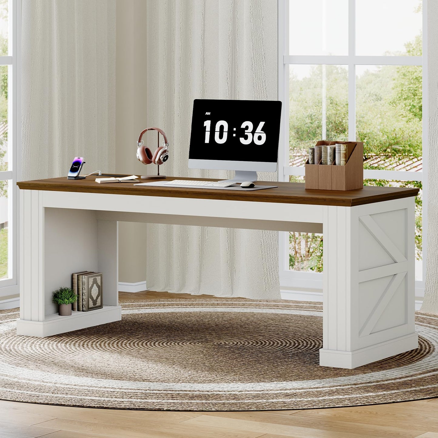 STHYTON 63-Inch Farmhouse Executive Desk, Long Computer Desk with Built-in Charging Station & Bottom Storage, Home Office Writing Study Desk for Bedroom, Living Room, White and Walnut