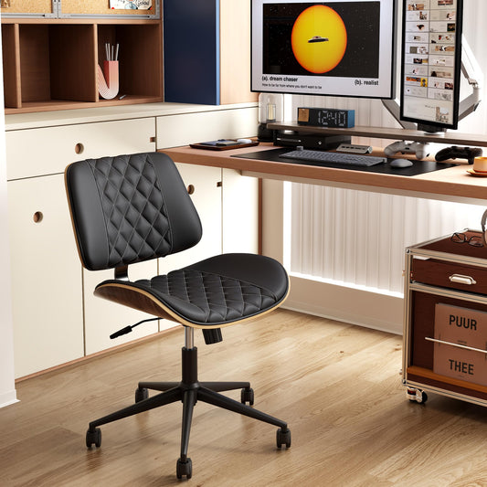 zavxzren Home Office Chair No Arms with Wheels, Armless Adjustable Height Small Desk Chair, Armless PU Leather Computer Chair Mid Back 360 Swivel, Modern Walnut, Reading Meeting Room (Black)