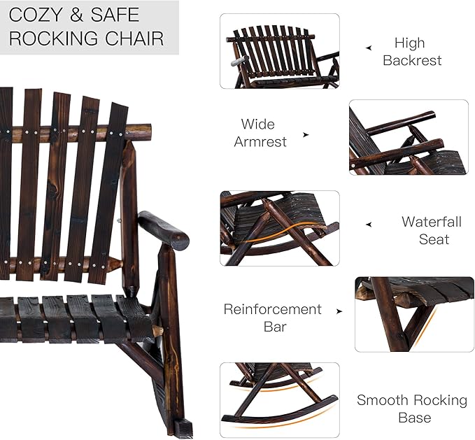 Outsunny Outdoor Wooden Rocking Chair, Double-Person Rustic Adirondack Rocker