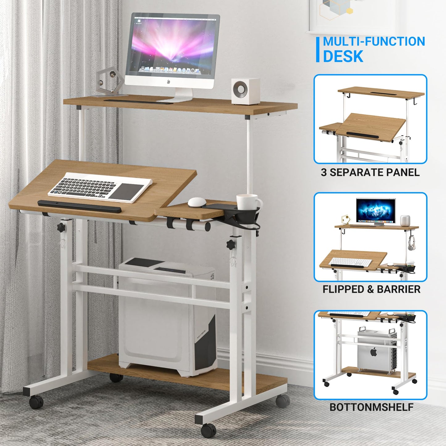 Mobile Standing Desk, Adjustable Rolling Computer Desk with 3 Desktops, Portable Laptop Table with Cup Holder, Home Office Laptop Workstation on Lockable Wheels,Khaki