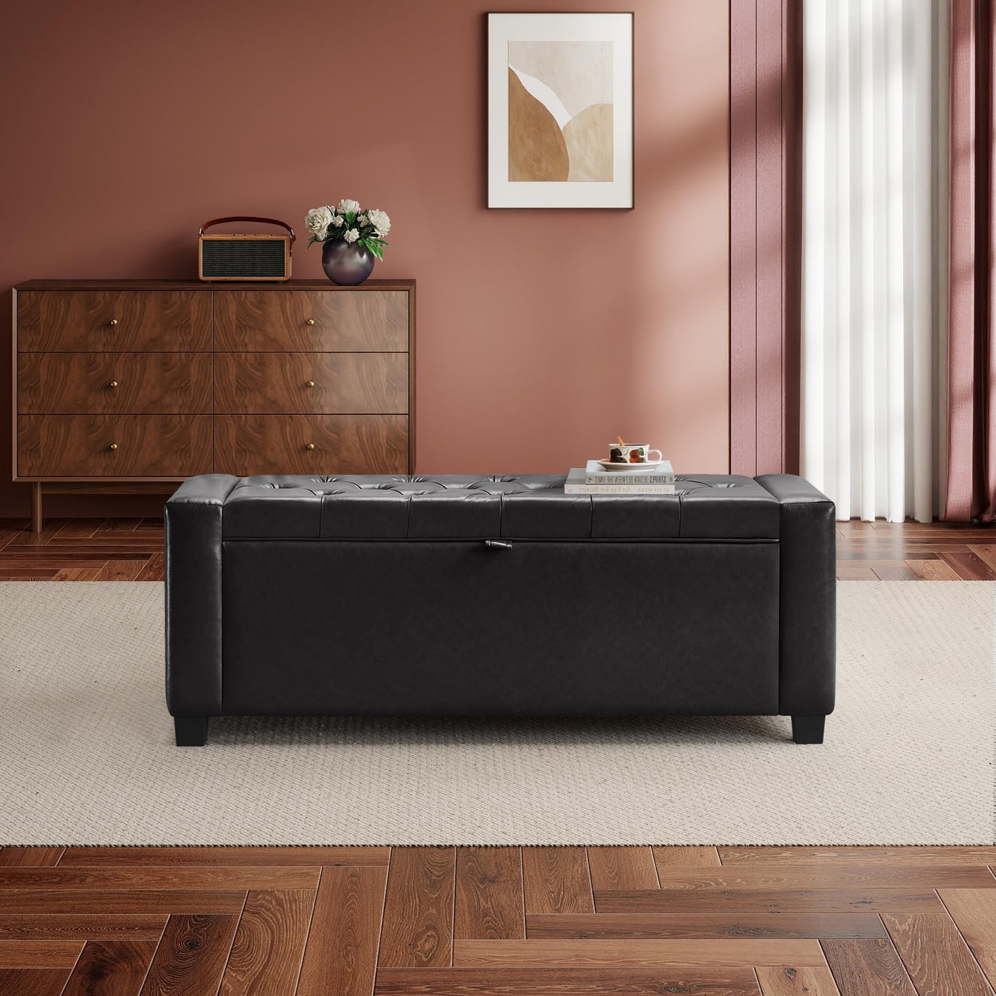 GRAINELL 42.13” Storage Ottoman Bench, Upholstered Tufted Bedroom Bench with Storage, End of Bed Storage Bench for Living Room & Entryway, 350 lb Capacity, Leather Black