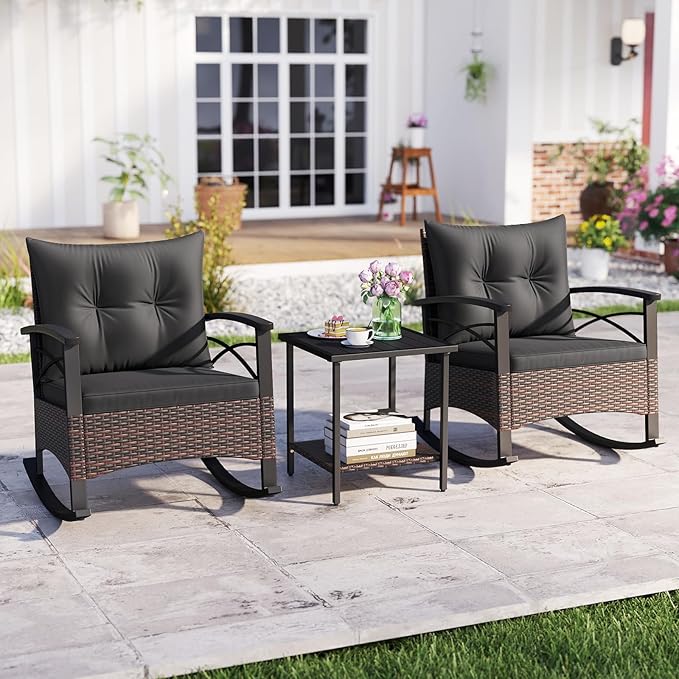 Tangkula 3 Piece Rattan Rocking Chair Set, Patio Rocker Bistro Set