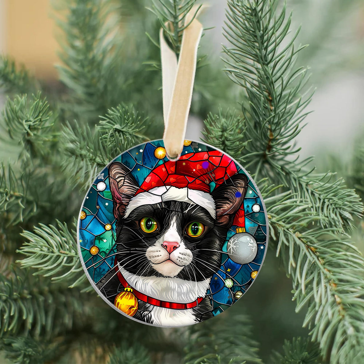 Fastpeace Tuxedo Cat Christmas Ornament with Santa Hat – Stained Glass Style Tree Decoration – Cute Hanging Gift for Cat Lovers, Friends, and Family