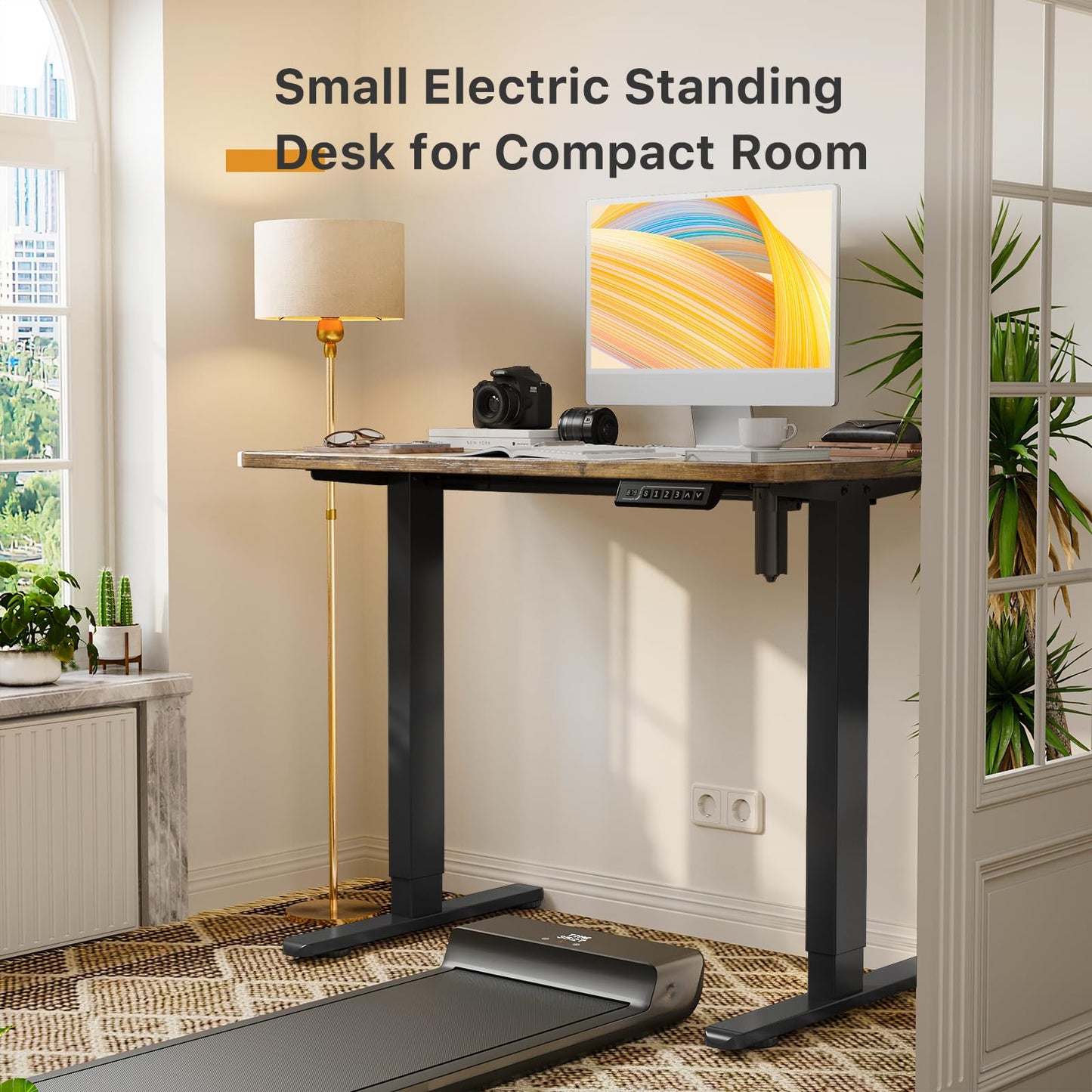 JOY worker Small Electric Standing Desk, 35" x 20" Whole Piece Height Adjustable Desk with Memory Controller, Sit to Stand Desk Workstation for Home Office, Rustic Brown