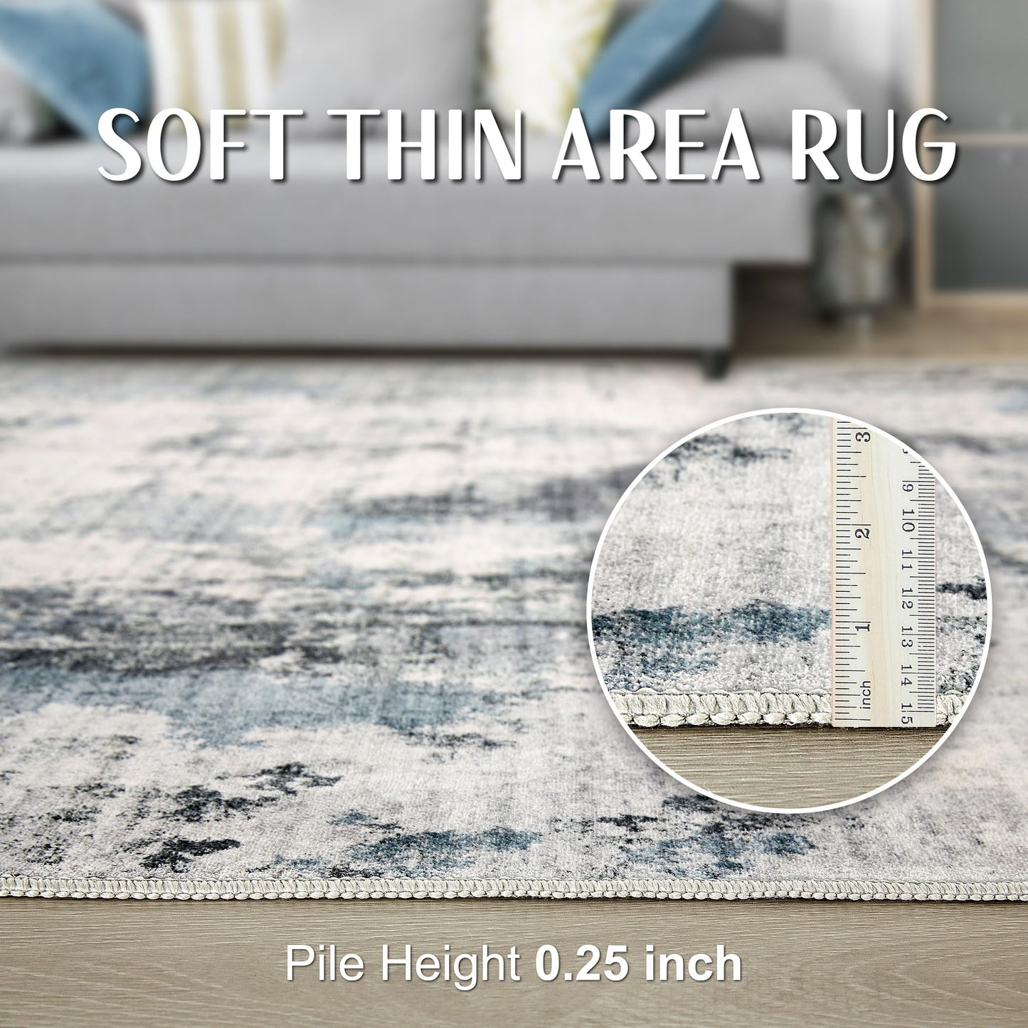 TARANCH Abstract 12x18 Area Rug: Machine Washable Non Slip Ultra Thin Low-Pile Carpet, Soft Stain Resistant for Living Room Bedroom Office, Kid Pet Friendly, Robot Vacuum Compatible - Grey Blue