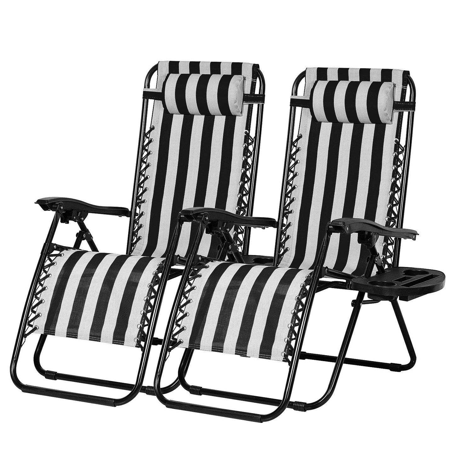 Nazhura Set of 2 Relaxing Recliners Patio Chairs Adjustable Steel Mesh Zero Gravity Lounge Chair Beach Chairs with Pillow and Cup Holder Khaki (Black/White Stripe)
