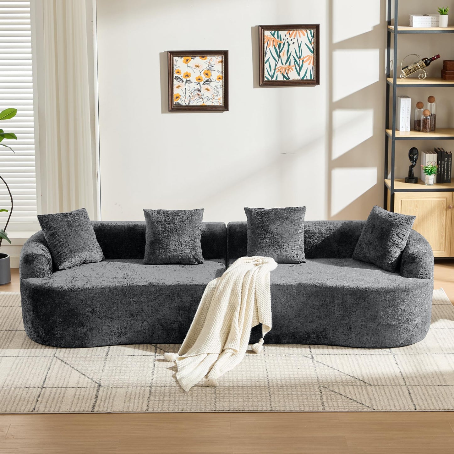 Sectional Sofa, Curved Cloud Sofa Couch, Chenille Full Sponge Chaise for Living Room, Apartment (Grey, 110 Inch)