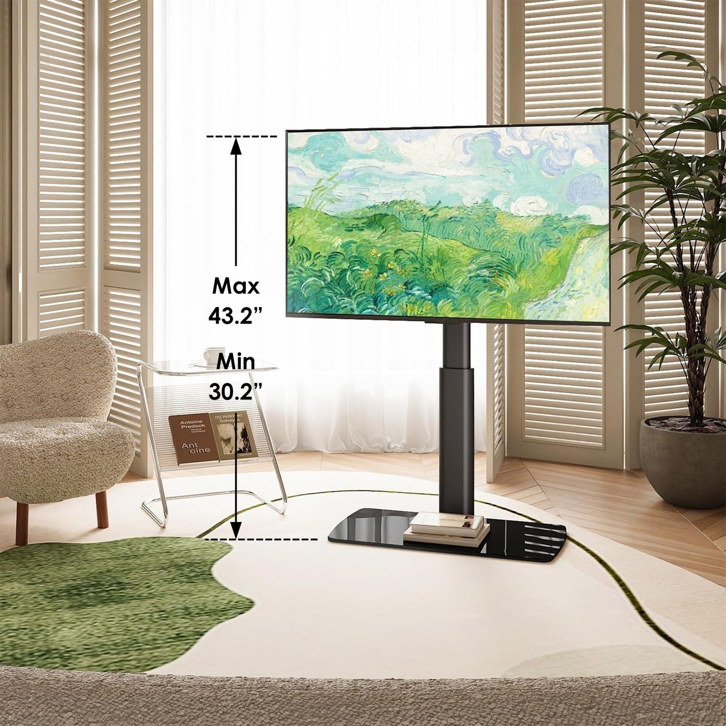 FITUEYES Universal TV Stand Mount for 43-80 85 inch TVs, Swivel Tall TV Mount Stand, Table Top TV Stand Base Replacement, Height Adjustable TV Table Stand, Glass Base, Max Holds 110lbs