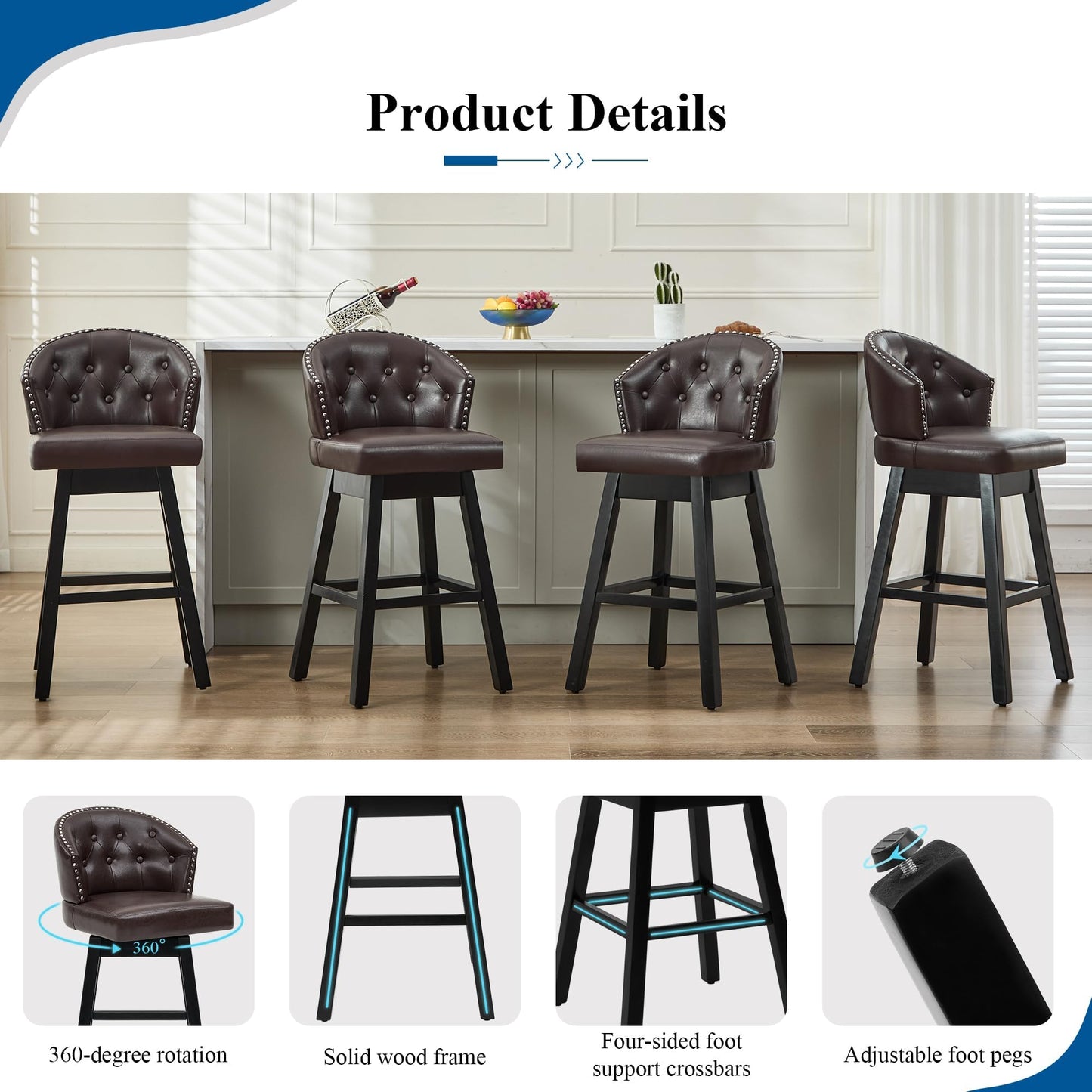 UDAX 29''Swivel Bar Stools Set of 2, Upholstered Barstools with Backs, Modern Counter Height Bar Stool Chairs for Kitchen Island, Wood Legs, Counter Stools