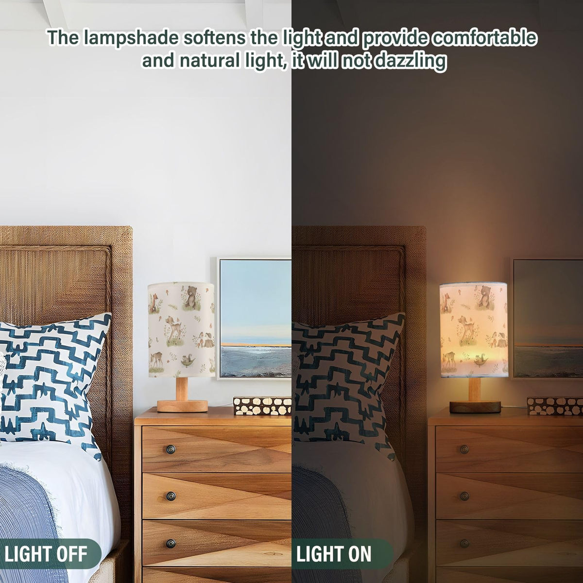 Oarencol Bedside Table Lamp Woodland Animals Nightstand Lamp with Wood Forest Fox Deer Rabbit Bird Bear Mushroom Desk Lamps for Bedroom Living Room Nursery Office Home Decor