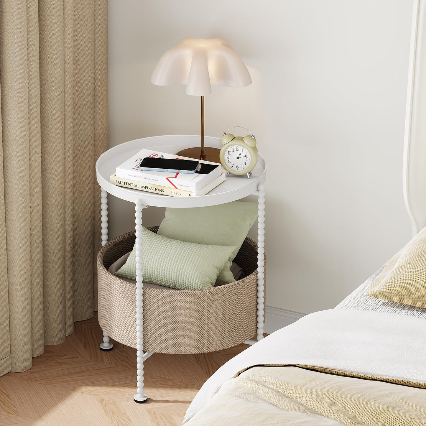 YINMIT Round Side Table with Fabric Storage Basket, Metal End Table, Bedside Nightstand,Sofa Coffee Side Table for Living Room，Bedroom, Office, Balcony