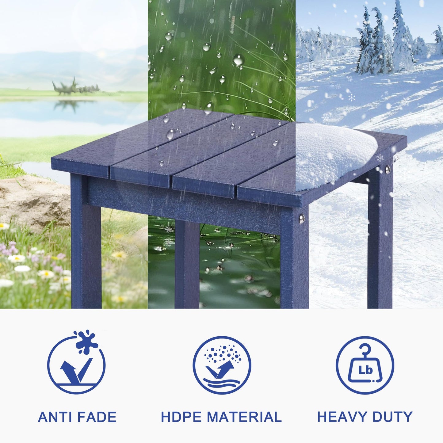 LZRS Square Patio Side Table, Heavy Duty HDPE Outdoor End Table with Wood Texture, Weatherproof Composite Table for Adirondack Chairs, Deck, Pool, Indoor/Outdoor, No Peeling or Cracking(Navy Blue)
