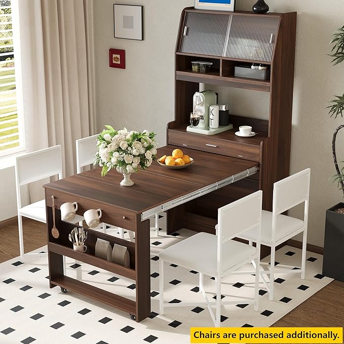 Spaco 2-in-1 Folding Dining Table and Buffet Cabinet Set, Compact Pull-Out