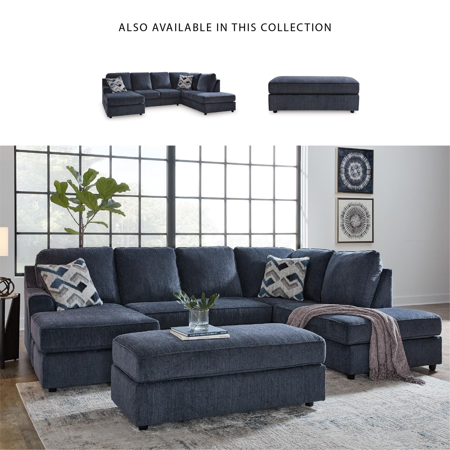 Signature Design by Ashley Albar Place Contemporary U-Shaped 2-Piece Sectional with Loose Seat Cushions and 2 Accent Pillows, Blue