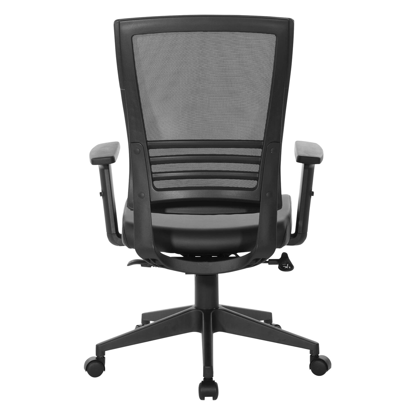 Office Star Mesh Back Office Chair with 2-to-1 Synchro Tilt Control and Adjustable Padded Arms, Black Faux Leather with Black Frame